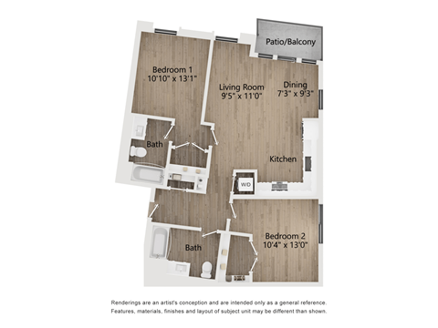 Floor plan for 2 beds, 2 baths, 1037 sqft